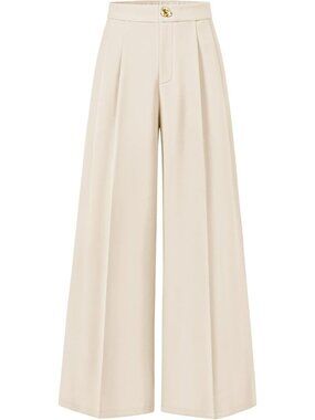 Women's Beige Wide Leg High Waisted Casual Loose Flowy Fashionable Palazzo Pants